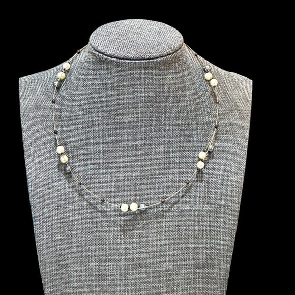 Vintage Floating Faux Pearl Gray and White Necklace 3-n-1 Strand 12 Inch - Picture 1 of 6